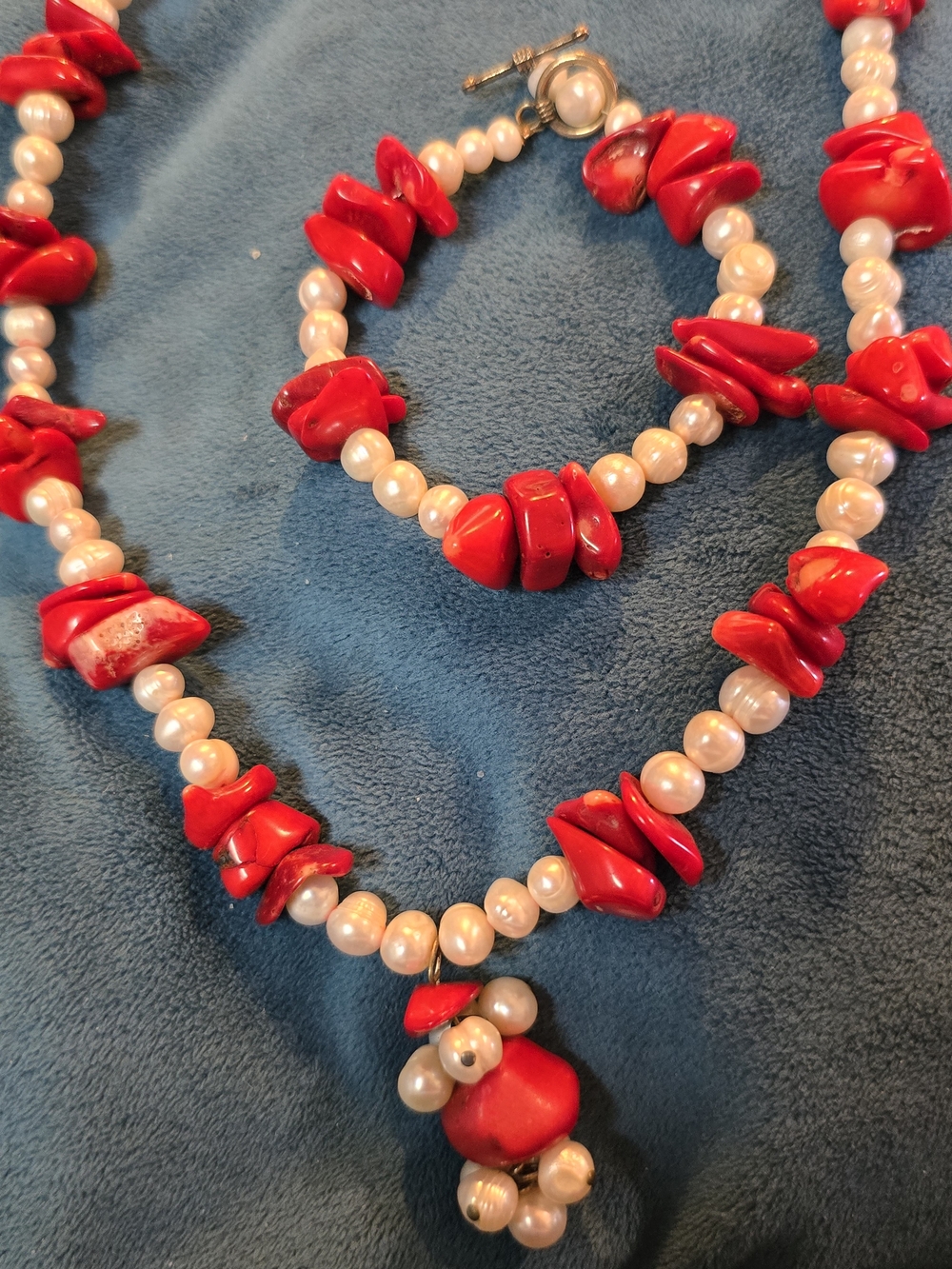 Red Coral & Pearl Necklace 22" Total Length and 8" Bracelet Set